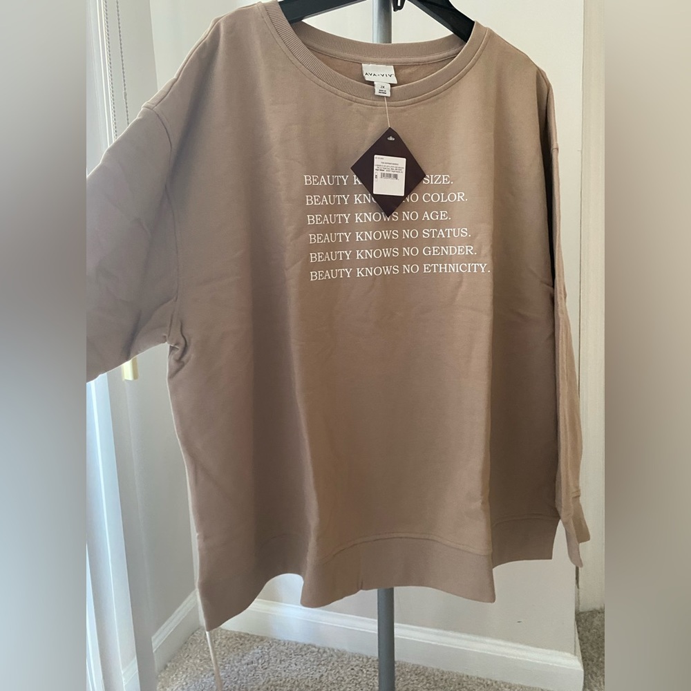 Ava & Viv NWT Tan Sweatshirt with Beauty Quote